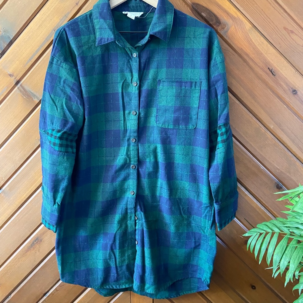 Navy and Forest Plaid Button Up Flannel Shirt Dress